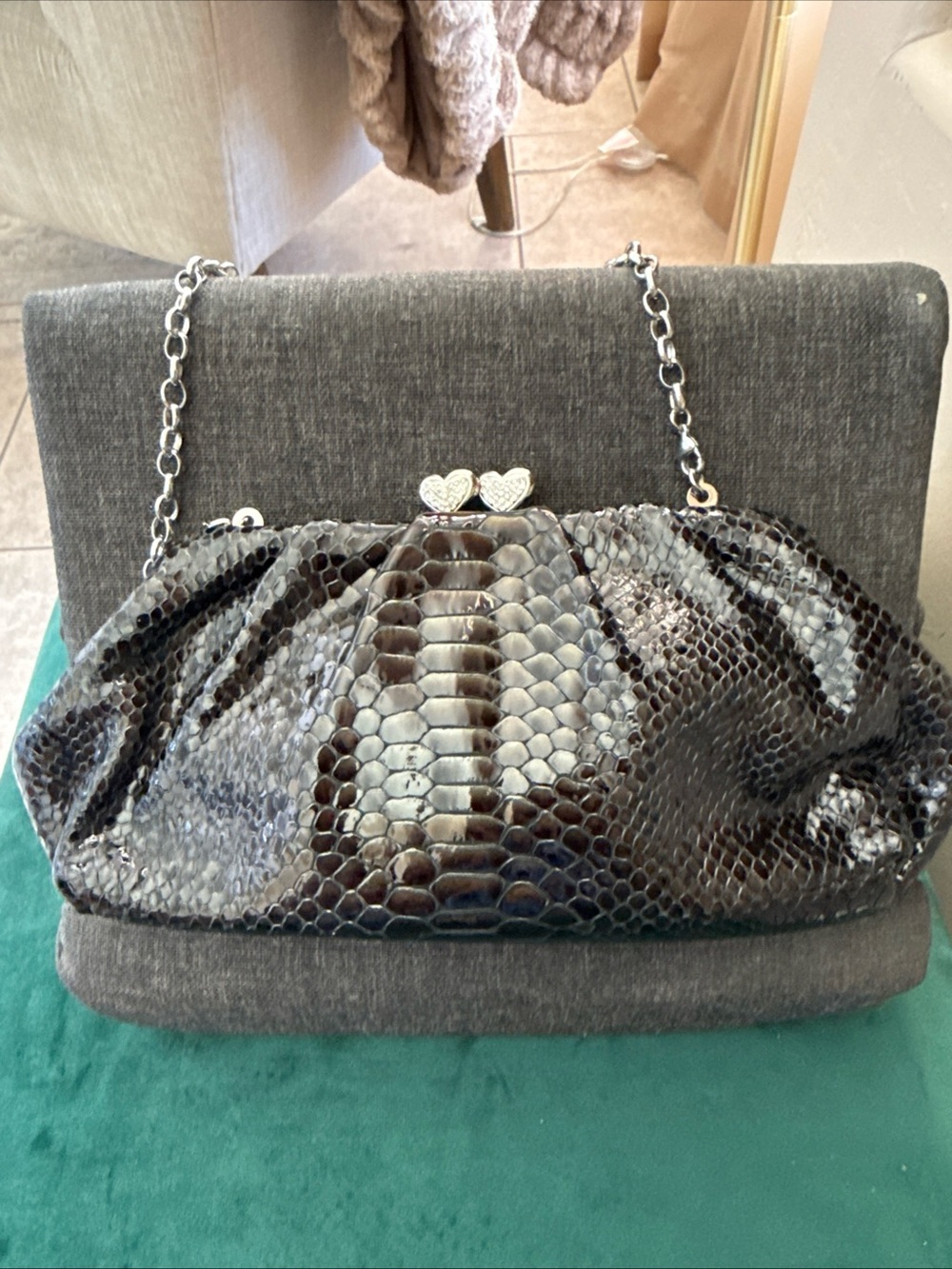 Brighton Kiss lock Black Patent Leather Snake-Texture Chain Bag